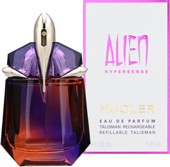 Mugler Alien Hypersense damska woda perfumowana. Unikalna fioletowo-złota butelka-talizman z pudełkiem, z przodu.