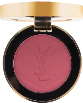 Róż YSL Make Me Blush Berry Bang w otwartym, okrągłym kompakcie. Widoczne matowe, malinowe ciastko z logo.
