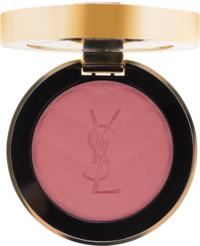 Zbliżenie na otwarty, okrągły róż YSL Make Me Blush Nude Lavalliere z wytłoczonym logo, matowy.