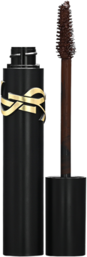 Brązowy tusz do rzęs YSL Lash Clash otwarty, widoczna duża szczoteczka z produktem, złote logo.