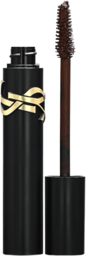 Brązowy tusz do rzęs YSL Lash Clash otwarty, widoczna duża szczoteczka z produktem, złote logo.