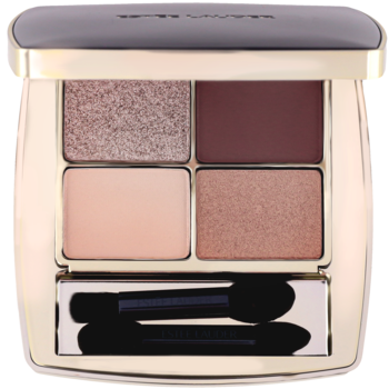 Estée Lauder Pure Color Envy Luxe, otwarta paleta cieni w złotej obudowie. Cztery odcienie: błyszczący róż, matowy bordo, cielisty, brąz. Z aplikatorami.
