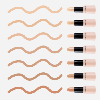 Gama 7 wodoodpornych korektorów w sztyfcie, od jasnego beżu po średni brąz, z próbkami odcieni.