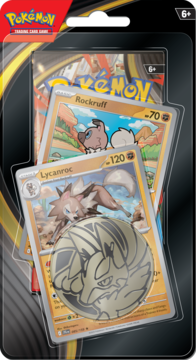Zestaw startowy Pokemon Trading Card Game w blisterze: karty Rockruff, Lycanroc, złota moneta i booster, widok z przodu.
