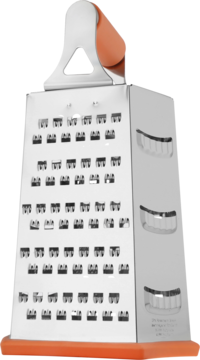 Stalowa tarka kuchenna czterostronna z ergonomiczną pomarańczową rączką i podstawą, ujęcie z przodu pod kątem.