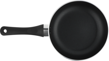 Czarna patelnia nieprzywierająca z metalowym brzegiem i ergonomiczną rączką, widok z góry.