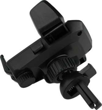 Czarny, regulowany uchwyt samochodowy na telefon z obrotową głowicą, mocowany na kratkę wentylacyjną, widok pod kątem.