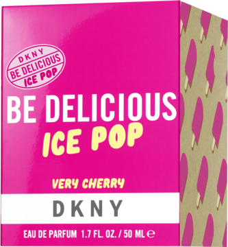 Różowe opakowanie DKNY Be Delicious Ice Pop Very Cherry Eau de Parfum, widok z przodu, z lodami po boku.