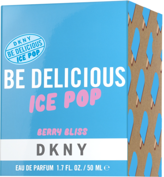 Niebieskie opakowanie DKNY Be Delicious Ice Pop Berry Bliss wody perfumowanej, z różowym napisem i lodami, widok z przodu.