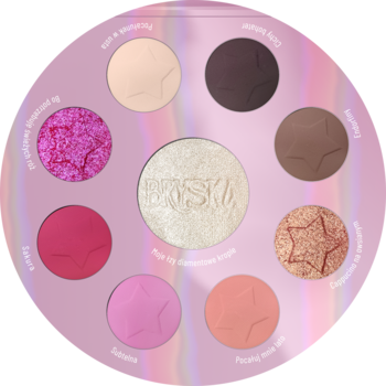 Paleta cieni Stars x Bryska w kształcie płyty: 8 cieni (maty, błyski), beże, brązy, róże i rozświetlacz.