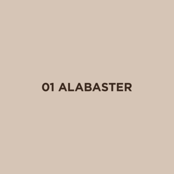 Próbka koloru podkładu kryjącego Dubai Chocolate, odcień 01 Alabaster, jasny beż z tekstem.