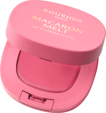 Różowy, otwarty Bourjois Macaron Melt kremowy róż i szminka do policzków i ust, złote logo, widok pod kątem.