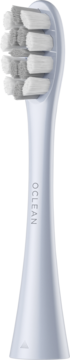 Srebrna wymienna końcówka Oclean Professional Care do szczoteczki sonicznej, z białymi włóknami DuPont, pionowo, logo Oclean.