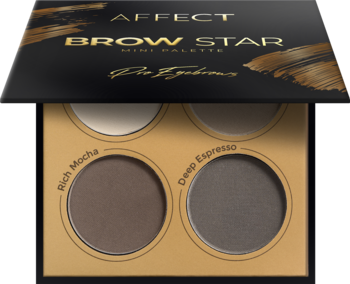 Affect Brow Star Mini Palette, otwarta, 4 prasowane cienie do brwi w beżu, szarobrązach i brązach, widok z góry.