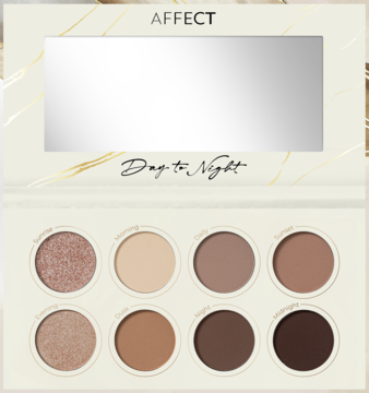 Paleta cieni Affect Day to Night: 8 uniwersalnych cieni, 2 błyszczące i 6 matowych w brązach i beżach.