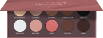 Affect Pure Passion eyeshadow palette. 10 shades: warm browns, coral, white, black, gold shimmers, view above.