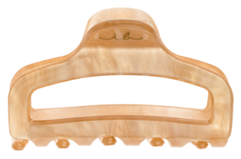 Średnia beżowa klamra Invisibobble do włosów z marmurowym deseniem, otwarta, widok z przodu.