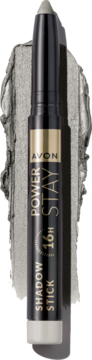 Avon Power Stay 16H Shadow Stick, srebrny cień w kredce na tle szarego swatcha, kremowa formuła.