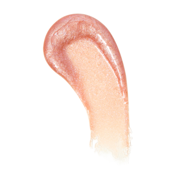 Revolution Pout Bomb Shimmer Gloss Glimmer Nude. Błyszcząca, perłowo-brzoskwiniowa smuga błyszczyka na białym tle.
