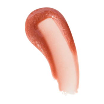 Rozmazany błyszczyk Revolution Pout Bomb Shimmer Nude Glow na białym tle, ciepły, perłowy odcień nude.
