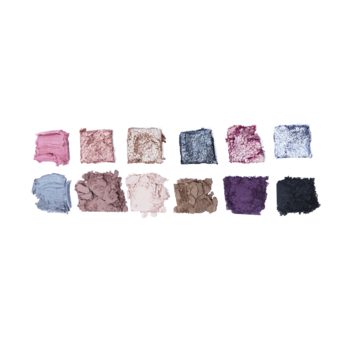 Paleta cieni Revolution The Muse Icon: 12 rozmazanych próbek cieni, matowych i błyszczących, w odcieniach różu, fioletu, brązu i niebieskiego, na białym tle.
