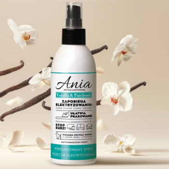 Biały spray Ania Vanilla & Patchouli przeciw elektryzowaniu, z atomizerem, widok z przodu, wanilia i orchidee na beżowym tle.