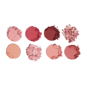 Osiem okrągłych próbek róży Revolution Ultra Blush Palette Sunset Burst w odcieniach różu i koralu, na białym tle.