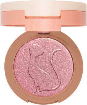 J. Cat Beauty rozświetlacz i róż w kamieniu. Różowy, błyszczący puder z wytłoczonym kotem, otwarte opakowanie.
