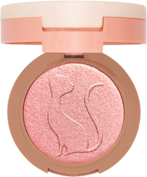 Kompaktowy róż i rozświetlacz J. Cat Beauty Cherry Sweet, różowy proszek z kotem, w beżowej puderniczce.