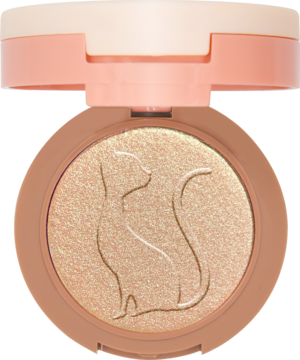 J. Cat Beauty Perfect Pear 2w1 rozświetlacz i róż, otwarty beżowy kompakt z pudrem w kształcie kota.