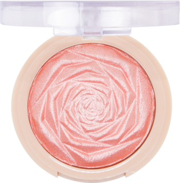 J.Cat Beauty rozświetlacz Crimson Gleam w otwartym, okrągłym kompakcie. Koralowo-różowy, błyszczący, z wzorem róży.