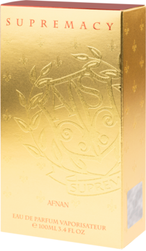 Złote, błyszczące pudełko perfum Afnan Supremacy Gold EDP 100ml z wytłoczeniami, widok z przodu pod kątem.