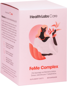 Białe pudełko suplementu FeMe Complex i-Health Labs Care, ilustracja kobiety, 60 kapsułek na wchłanianie żelaza.