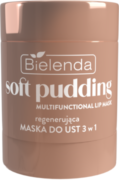Brązowy słoiczek maski do ust Bielenda Soft Pudding Vanilla Latte 3w1, widok z przodu pod lekkim kątem.