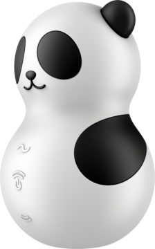 Satisfyer Pocket Panda masażer, biała figurka pandy z czarnymi uszami i plamami, widok z przodu pod kątem.