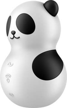 Satisfyer Pocket Panda masażer, biała figurka pandy z czarnymi uszami i plamami, widok z przodu pod kątem.