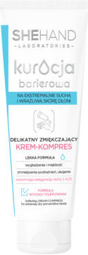 Biała tubka kremu do rąk SheHand Kuracja Barierowa, widok z przodu, z napisem „KREM-KOMPRES”.