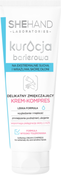 Biała tubka kremu do rąk SheHand Kuracja Barierowa, widok z przodu, z napisem „KREM-KOMPRES”.