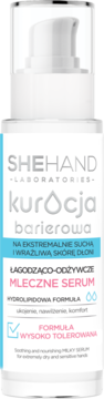 Shehand Kuracja Barierowa mleczne serum do rąk w białej butelce z pompką, widok z przodu, różowo-niebieska etykieta.