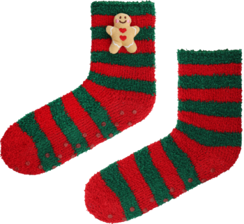 Joyfull Giftbox: Pluszowe skarpety świąteczne w czerwono-zielone pasy, z figurką pierniczka i antypoślizgowymi kropkami.