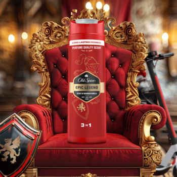 Czerwony Old Spice Epic Legend 3w1 żel pod prysznic i szampon na złotym tronie, z tarczą rycerską.