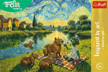 Trefl Family Inspired by Art puzzle, 100 el., pudełko: zielona postać i kapibary nad rzeką w stylu Van Gogha.