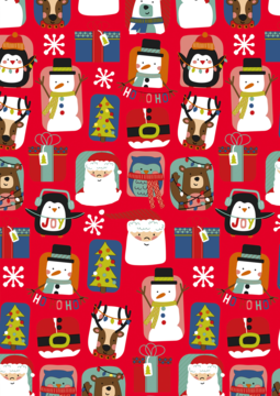 Czerwony wzór świąteczny z postaciami: Mikołaj, bałwan, pingwin, renifer, miś, prezenty, choinki. Wesoły deseń.