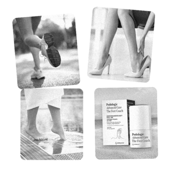 Kolaż z peelingiem roll-on Podologic The Feet Coach, stopami w biegu, szpilkach i podczas relaksu.