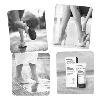 Kolaż czarno-białych zdjęć: krem Podologic Advanced Care do zniszczonych stóp i sceny z użycia.