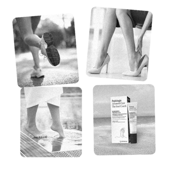 Czarno-biały kolaż: stopy w biegu, szpilkach, bose, z kremem Nivelazione Podologic na grzybicę paznokci.