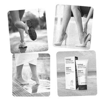 Nivelazione Podologic Advanced Care serum na wrastające paznokcie w białej tubce i kartoniku, w tle stopy podczas aktywności.