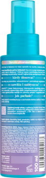 Tył turkusowej butelki serum ultranawilżającego Hair In Balance OnlyBio 100ml, widoczne etykieta i skład.