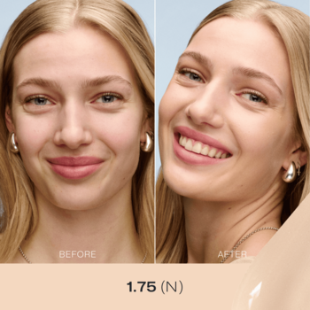 Korygujący krem CC Lumene SPF 20. Uśmiechnięta kobieta przed i po użyciu. Widoczne wyrównanie kolorytu, odcień 1.75 (N).
