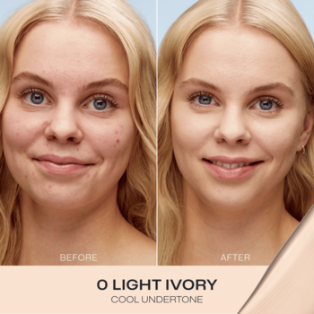 Lumene Blur 16h Foundation 0 Light Ivory. Podwójne zdjęcie przed i po, prezentujące wygładzenie cery modelki.
